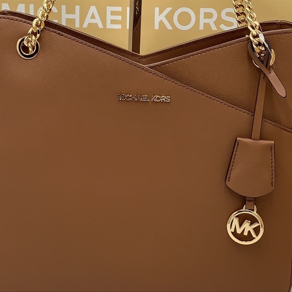 MICHAEL KORS LARGE X CHAIN LOGO SHOULDER BAG BROWN - Picture 13 of 16